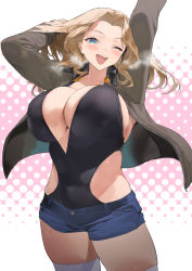 Rule 34 | 1girl, blonde hair, blue eyes, blush, breasts, forehead, girls und panzer, hair intakes, ikuchan kaoru, jacket, kay (girls und panzer), large breasts, long hair, looking at viewer, one eye closed, open clothes, open jacket, open mouth, parted bangs, revision, smile, solo