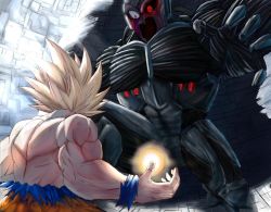 Rule 34 | 2boys, alien, android, artist request, aura, battle, battle damage, blonde hair, cooler (dragon ball), creepy, cyborg, dragon ball, dragonball z, energy ball, fighting, giant, injury, looking at another, multiple boys, muscular, open mouth, red eyes, size difference, son goku, spiked hair, super saiyan, super saiyan 1, torn clothes