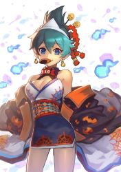 Rule 34 | 1girl, bare shoulders, blue eyes, breasts, cleavage, cleavage cutout, clothing cutout, collarbone, commentary request, cookie, cowboy shot, food, green hair, hair between eyes, hair ornament, highres, in mouth, japanese clothes, kimono, large breasts, looking at viewer, miniskirt, nakamura eight, puzzle &amp; dragons, red ribbon, ribbon, skirt, skull, smile, solo, tagme