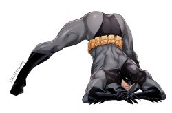 Rule 34 | 1boy, akira 1611, arched back, arm rest, ass, bara, batman, batman (series), belt, black gloves, bodysuit, boots, bruce wayne, closed mouth, dated, dc comics, flexible, full body, gloves, grey bodysuit, hands on ground, highres, jack-o&#039; challenge, legs apart, looking at viewer, male focus, mask, meme, muscular, muscular male, solo, spread legs, stretching, superhero costume, top-down bottom-up, white background, wide spread legs