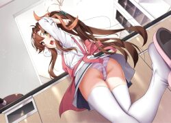 Rule 34 | 1girl, adjusting hair, apron, ass, blush, breasts, brown hair, embarrassed, female focus, from below, frying pan, groin, high ponytail, indoors, kitchen, legs, long hair, natsuno hiyori, open mouth, osanai shiina, panties, pantyshot, school uniform, sex and dungeon, skirt, small breasts, solo, standing, striped clothes, striped panties, thighhighs, thighs, underwear, upskirt, yellow eyes