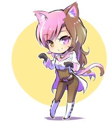 Rule 34 | animal ears, boots, brown eyes, brown hair, cat ears, cat girl, cat tail, chibi, commentary request, heterochromia, iesupa, jewelry, multicolored hair, necklace, neo politan, paw pose, pink hair, purple eyes, rwby, solo, split-color hair, tail