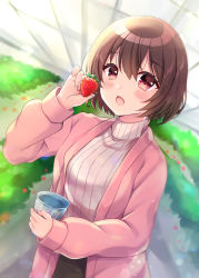 Rule 34 | 1girl, bad id, bad pixiv id, black skirt, blurry, blurry background, blush, brown hair, commentary request, depth of field, dutch angle, fang, fingernails, food, fruit, hair between eyes, highres, holding, holding food, indoors, jacket, long sleeves, looking at viewer, minami saki, open clothes, open jacket, open mouth, original, pink jacket, red eyes, ribbed sweater, short hair, skirt, sleeves past wrists, solo, strawberry, sweater, white sweater