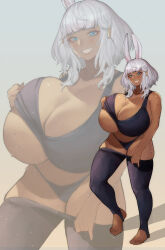 Rule 34 | 1girl, absurdres, animal ears, bare arms, bare shoulders, black panties, black pants, black tank top, blood hood, blue eyes, blush, breasts, cleavage, clothes lift, clothes pull, commentary, commission, dark-skinned female, dark skin, english commentary, feet, full body, gigantic breasts, hair tubes, highres, huge breasts, legs, looking at viewer, medium hair, mole, mole under eye, original, panties, pants, pants pull, pixiv commission, rabbit ears, rabbit girl, shirt lift, smile, solo, stirrup legwear, sweat, tank top, teeth, thick thighs, thighs, toeless legwear, toes, underwear, white hair, zoom layer