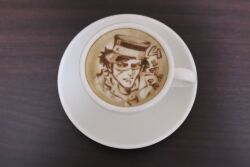 Rule 34 | 1boy, absurdres, brown theme, comic panel redraw, cropped head, derivative work, drunk, facial scar, golden kamuy, hat, highres, kepi, latte art (medium), looking at viewer, male focus, military hat, photo (medium), rakko-nabe, scar, scar on cheek, scar on face, seductive smile, short hair, smile, solo, sugimoto saichi, table, tilted headwear, tokoroten 1234, translation request, unconventional media