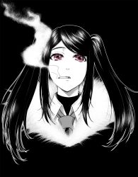 Rule 34 | 1girl, an&#039;no natsume, cigarette, eyebrows hidden by hair, greyscale, highres, jill stingray, monochrome, necktie, portrait, red eyes, sidelocks, smoke, smoking, solo, spot color, twintails, va-11 hall-a