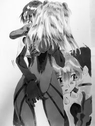 Rule 34 | 1boy, 1girl, absurdres, ass, ass focus, blush, bodysuit, breasts, couple, curvy, embarrassed, eywy4324, grabbing, greyscale, hair ornament, hetero, highres, hug, ikari shinji, interface headset, long hair, looking at another, monochrome, multiple views, neon genesis evangelion, open mouth, plugsuit, short hair, simple background, skin tight, souryuu asuka langley, traditional media, two side up, wide hips