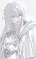 Rule 34 | 1boy, blue eyes, closed mouth, head tilt, highres, long hair, looking at viewer, male focus, mask, mask around neck, simple background, solo, sophist&#039;s robe (ff14), themis (ff14), tladpwl03, upper body, white background, white hair, white theme