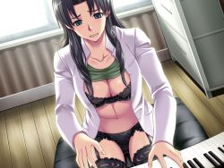 Rule 34 | 1girl, breasts, cleavage, clothes lift, fujinomori shiho, game cg, garter belt, hypnosis, instrument, lab coat, lingerie, london inu, mind control, piano, shirt lift, solo, soushinjutsu 3, tagme, thighhighs, underwear