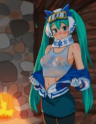 Rule 34 | 1girl, aqua hair, blush, coat, crop top, fire, fireplace, gloves, goggles, goggles on head, hatsune miku, highres, kiriririn, lodge, looking at viewer, navel, shirt, smile, solo, standing, stomach, sweat, twintails, undershirt, undressing, vocaloid, wet, wet clothes, wet shirt