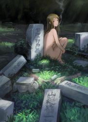 Rule 34 | 1girl, absurdres, bad id, bad pixiv id, blonde hair, breasts, cigarette, completely nude, day, from side, full body, highres, huge filesize, knees up, light rays, long hair, looking at viewer, looking to the side, mouth hold, nude, nudist, on ground, original, outdoors, purple eyes, sitting, small breasts, smoke, smoking, solo, sunbeam, sunlight, tombstone, tomiya (tomiya2117)