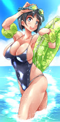 Rule 34 | 1girl, :d, absurdres, arms up, black hair, blue eyes, blue one-piece swimsuit, blue sky, blush, bob cut, breasts, casual one-piece swimsuit, covered navel, day, goggles, goggles on head, green innertube, hair ornament, hairclip, highres, innertube, kirigaya suguha, large breasts, looking at viewer, ocean, one-piece swimsuit, open mouth, outdoors, partially submerged, school swimsuit, shiny skin, short hair, sideboob, sky, smile, solo, standing, swim ring, swimsuit, sword art online, undersized clothes, wading, water, wet, yazawa mana