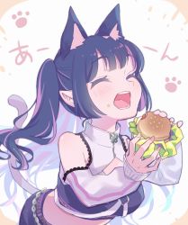 Rule 34 | 1girl, animal ears, black hair, black skirt, black tube top, blunt bangs, blush, breasts, burger, cat ears, cat girl, cat tail, closed eyes, clothing cutout, commentary request, cowboy shot, eating, extra ears, food, highres, holding, holding food, jacket, kemonomimi mode, kojo anna, kojo anna (2nd costume), kuzuhana, lace trim, long hair, medium breasts, midriff, multicolored hair, nanashi inc., official alternate costume, open mouth, pointy ears, shoulder cutout, shrug (clothing), skirt, solo, strapless, sugar lyric, tail, tube top, twintails, two-tone hair, virtual youtuber, white jacket