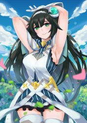 Rule 34 | 1girl, absurdres, armpits, arms up, black hair, blue dress, breasts, cloud, day, dress, forest, frilled dress, frills, gloves, green eyes, hair between eyes, hair ornament, hairband, highres, large breasts, long hair, looking at viewer, nature, nixour, ocean, phiria (world flipper), sideboob, sky, smile, striped clothes, striped dress, thighhighs, white gloves, world flipper