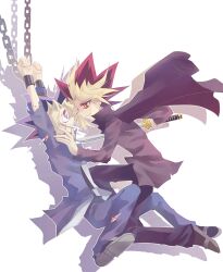 Rule 34 | 2boys, chained wrists, commentary request, holding, holding sword, holding weapon, jacket, luzi (asobi0604), male focus, multiple boys, mutou yuugi, open clothes, open jacket, red eyes, sword, torn clothes, weapon, white background, yami yuugi, yu-gi-oh!, yu-gi-oh! duel monsters