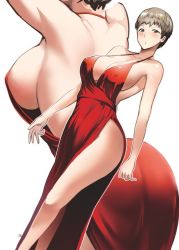 Rule 34 | 1girl, arms up, ass, back, backless dress, backless outfit, blush, breasts, brown eyes, brown hair, cleavage, closed mouth, commentary, covered erect nipples, dress, dutch angle, evening gown, formal, girls und panzer, half-closed eyes, halterneck, large breasts, legs, light frown, long dress, looking at viewer, multiple views, naomi (girls und panzer), no bra, no panties, outline, red dress, sasaki tatsuya, short hair, side slit, sideboob, simple background, standing, very short hair, white background, white outline