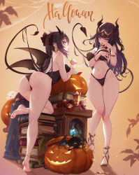 Rule 34 | 2girls, ass, bare shoulders, barefoot, black choker, black hair, black nails, bracelet, breasts, candy, chocolate coin, choker, circlet, coin, crossover, demon girl, demon horns, demon tail, demon wings, earrings, familiar, fire emblem, fire emblem awakening, food, full body, genshin impact, gold, gold coin, green eyes, grin, halloween, halloween costume, high heels, holding, holding coin, horns, huge ass, jack-o&#039;-lantern, jewelry, large breasts, leaning on object, leotard, long hair, medium breasts, mitsu (mitsu art), mona (genshin impact), multiple girls, nintendo, parted lips, patreon username, pumpkin, purple eyes, shoes, skin tight, smile, standing, star (symbol), star earrings, tail, tharja (fire emblem), thong, thong leotard, tiptoes, toeless legwear, twintails, two side up, unworn shoes, very long hair, wings