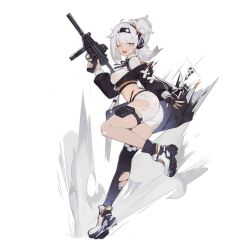 Rule 34 | 1girl, ass, asymmetrical legwear, bag, ball, bandaid, bandaid on face, bandaid on knee, bandaid on leg, black jacket, black ribbon, black socks, blue eyes, blunt bangs, breasts, colored shoe soles, duffel bag, fingerless gloves, full body, girls&#039; frontline, gloves, gradient legwear, gun, hair bun, hairband, headphones, holding, holding bag, holding gun, holding weapon, jacket, large breasts, leg up, looking at viewer, lusa (girls&#039; frontline), lusa submachine gun, medium hair, midriff, mto man, neck ribbon, no symbol, off shoulder, official art, one eye closed, open mouth, pouch, ribbon, see-through, see-through shirt, shoes, short shorts, shorts, single fingerless glove, single thighhigh, smile, smoke trail, sneakers, soccer ball, socks, solo, standing, standing on one leg, submachine gun, suppressor, teeth, thigh pouch, thighhighs, torn clothes, torn shorts, torn thighhighs, transparent background, trigger discipline, upper teeth only, weapon, white footwear, white hair, white shorts