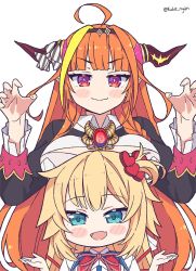 Rule 34 | 2girls, ahoge, akai haato, akai haato (1st costume), black jacket, blonde hair, blue eyes, blunt bangs, blush stickers, bow, braid, brown hairband, claw pose, closed mouth, collared shirt, diagonal-striped bow, dragon girl, dragon horns, fang, fangs, hair ornament, hairband, heart, heart hair ornament, highres, hololive, horn bow, horn ornament, horns, jacket, kiryu coco, kiryu coco (1st costume), kukie-nyan, long hair, multicolored eyes, multicolored hair, multiple girls, open mouth, orange hair, pointy ears, purple eyes, red eyes, red ribbon, ribbon, shirt, shrugging, side braid, sidelocks, simple background, single braid, skin fang, skin fangs, smile, streaked hair, striped, striped bow, twintails, twitter username, very long hair, virtual youtuber, w arms, white background, white shirt