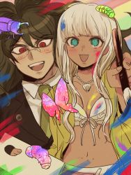 Rule 34 | 10s, 1boy, 1girl, beetle, bikini, bikini top only, blazer, blunt bangs, brown hair, bug, butterfly, caterpillar, danganronpa (series), danganronpa v3: killing harmony, dark-skinned male, dark skin, ganguro, glasses, gokuhara gonta, green eyes, highres, insect, jacket, jewelry, larva, long hair, low twintails, machi (mctri), multicolored background, necklace, paint, paint on clothes, paintbrush, painting (action), palette (object), red eyes, round eyewear, school uniform, shell, shell necklace, silver hair, simple background, smile, swimsuit, twintails, wide sleeves, yellow jacket, yonaga angie