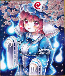 Rule 34 | 1girl, :p, blue background, blue hat, blue kimono, center frills, cherry blossoms, cherry tree, commentary request, frilled shirt collar, frills, ghost pose, hat, highres, hitodama, japanese clothes, kimono, looking at viewer, maa (forsythia1729), marker (medium), mob cap, outstretched arms, pink eyes, pink hair, print kimono, saigyouji yuyuko, shikishi, short hair, solo, tongue, tongue out, touhou, traditional media, triangular headpiece, upper body