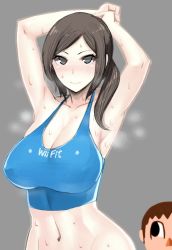 Rule 34 | 1boy, 1girl, animal crossing, armpits, arms behind head, arms up, breasts, brown hair, cleavage, huge breasts, midriff, navel, nintendo, ponytail, solo focus, sports bra, super smash bros., sweat, villager (animal crossing), wii fit, wii fit trainer, wii fit trainer (female), wolffeld price
