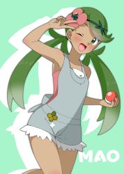 Rule 34 | 1girl, ;d, absurdres, arm up, armpits, bare arms, bare shoulders, blush, breast pocket, character name, collarbone, commentary, creatures (company), dark-skinned female, dark skin, flower, game freak, green background, green eyes, green hair, hair flower, hair ornament, hair tie, highres, holding, holding poke ball, leg up, long hair, looking at viewer, low twintails, mallow (pokemon), mimaki, nintendo, one eye closed, open mouth, overalls, pink flower, pink shirt, pocket, poke ball, pokemon, pokemon sm, shirt, silhouette, simple background, sleeveless, sleeveless shirt, smile, solo, standing, swept bangs, twintails, undershirt, v