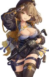 Rule 34 | 1girl, ahoge, anis (nikke), bandolier, beret, black hat, black jacket, black shorts, black thighhighs, blush, breasts, brown eyes, brown hair, cat hair ornament, cleavage, collarbone, crop top, fingerless gloves, gloves, goddess of victory: nikke, grenade launcher, grey gloves, hair between eyes, hair ornament, hat, highres, jacket, large breasts, long sleeves, looking at viewer, midriff, milkor mgl, navel, open clothes, open jacket, open mouth, salute, shirt, short hair, short shorts, shorts, sidelocks, single fingerless glove, skindentation, smile, solo, standing, tagoroku123, teeth, thigh strap, thighhighs, upper teeth only, weapon, white shirt