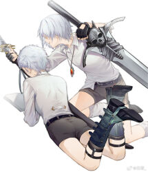 Rule 34 | 2boys, aged down, black gloves, black shorts, child, dante (devil may cry), devil may cry (series), fingerless gloves, gloves, highres, holding, holding weapon, male focus, multiple boys, rebellion (sword), short shorts, shorts, siblings, simple background, smile, sword, twins, vergil (devil may cry), weapon, weibo 6308421298, white hair, yamato (sword)