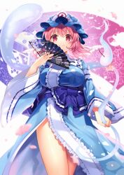 Rule 34 | 1girl, blue hat, blue kimono, blush, breasts, closed mouth, folding fan, frilled kimono, frills, hair between eyes, hand fan, hat, holding, holding fan, japanese clothes, kapuchii, kimono, large breasts, long sleeves, mob cap, petals, pink eyes, pink hair, saigyouji yuyuko, short hair, smile, solo, touhou, triangular headpiece, white background, wide sleeves