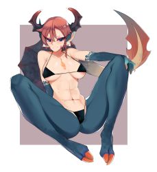 Rule 34 | 1girl, abs, areola slip, bikini, blush, braid, breasts, brown hair, dragon girl, highres, hooves, horns, ishii takamori, kndy, large breasts, looking at viewer, original, puffy nipples, pussy, sitting, smile, solo, spread legs, swimsuit, tail, tattoo