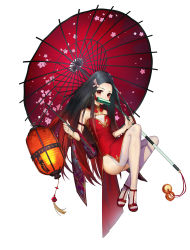 Rule 34 | 1girl, alternate costume, amuro (joukaa), arm strap, ass, bamboo, bangle, bare arms, bare shoulders, bit gag, black hair, blush, bracelet, breasts, china dress, chinese clothes, dress, forehead, gag, gradient hair, hair ribbon, highres, holding, holding umbrella, jewelry, kamado nezuko, kimetsu no yaiba, knees up, lantern, long hair, looking at viewer, multicolored hair, oil-paper umbrella, pink ribbon, red dress, red eyes, red footwear, red hair, red umbrella, ribbon, side slit, simple background, sleeveless, sleeveless dress, small breasts, solo, thighhighs, thighs, umbrella, very long hair, white background, white thighhighs