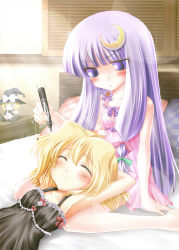 Rule 34 | 2girls, :&lt;, :3, ^ ^, armpits, arms behind head, barefoot, blonde hair, blush, camisole, character doll, chemise, closed eyes, crescent, crescent hair ornament, crescent moon, doll, closed eyes, female focus, hair ornament, iganseijin, kirisame marisa, lap pillow, lens flare, lens flare abuse, lying, marker, moon, multiple girls, on back, patchouli knowledge, purple hair, sitting, sleepwear, smile, sweat, touhou, trembling, wariza