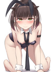 Rule 34 | 1girl, absurdres, all fours, animal ears, bad anatomy, barefoot, black leotard, blush, brown hair, closed mouth, detached collar, fake animal ears, full body, hatsuzuki (kancolle), highres, kantai collection, kiritto, leotard, looking at viewer, playboy bunny, rabbit ears, short hair, simple background, solo, strapless, strapless leotard, white background, wrist cuffs, yellow eyes