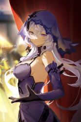 Rule 34 | 1girl, artist name, bare shoulders, black gloves, black swan (honkai: star rail), blurry, blurry background, breasts, closed mouth, commentary request, detached sleeves, dress, from side, gloves, highres, honkai: star rail, honkai (series), long hair, looking at viewer, medium breasts, pkokonatu, purple dress, purple eyes, purple headwear, purple sleeves, smile, solo, upper body, white hair