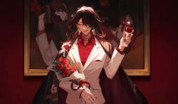 Rule 34 | 1boy, black hair, bouquet, closed mouth, collared shirt, cup, dark background, drinking glass, earrings, eyeshadow, floral print, flower, formal, hair over one eye, haiyan331, highres, holding, holding bouquet, holding cup, japanese clothes, jewelry, kimono, light smile, long hair, looking at viewer, makeup, male focus, multicolored hair, nijisanji, nijisanji en, painting (object), red background, red eyeshadow, red flower, red hair, red rose, red shirt, rose, shirt, simple background, smile, solo, standing, streaked hair, suit, tassel, tassel earrings, upper body, virtual youtuber, vox akuma, vox akuma (1st costume), white background, white suit, wine glass, yellow eyes
