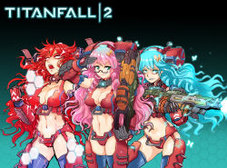 Rule 34 | 1girl, armor, backpack, bag, blue eyes, blue hair, breasts, butterfly on hair, cleavage, clenched hands, copyright name, crazy smile, electricity, firing, gloves, glowing, glowing eyes, green eyes, gun, highres, hmage, honeycomb (pattern), large breasts, long hair, machine gun, mecha musume, medium breasts, monarch (titanfall 2), multiple persona, open mouth, parted lips, pink hair, red eyes, red hair, rocket launcher, smile, stomach, thighhighs, titanfall, titanfall (series), titanfall 2, weapon