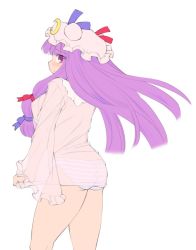 Rule 34 | 1girl, ass, babydoll, blush, breasts, crescent, female focus, hat, kasuga yukihito, large breasts, long hair, nightgown, panties, patchouli knowledge, purple eyes, purple hair, see-through, solo, striped clothes, striped panties, touhou, underwear, unfinished