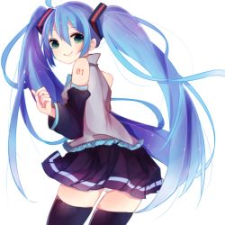 Rule 34 | 1girl, aqua eyes, aqua hair, bad id, bad pixiv id, detached sleeves, hatsune miku, highres, long hair, looking back, motsuni (lxxe1120), smile, solo, thighhighs, twintails, vocaloid, white background