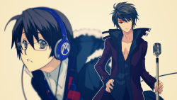 Rule 34 | 1boy, alternate costume, argyle, argyle clothes, argyle sweater, belt, black hair, blue eyes, buckle, cable, closed mouth, coat, collared shirt, dress shirt, dual persona, frown, fur trim, glasses, hand on own hip, headphones, hiyama kiyoteru, hiyama kiyoteru (vocaloid4), hood, hooded jacket, jacket, looking at viewer, male focus, microphone stand, mouri, multiple views, no eyewear, projected inset, shirt, simple background, sweater, upper body, v4x, vocaloid