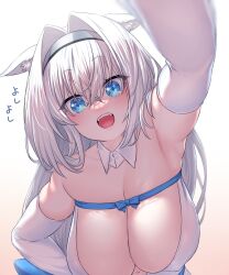 Rule 34 | 1girl, animal ear fluff, animal ears, arm up, armpits, bare shoulders, blue bow, blue eyes, blue ribbon, blush, bow, breasts, cat ears, cat girl, cleavage, detached collar, detached sleeves, dobrynya nikitich (fate), dobrynya nikitich (second ascension) (fate), dress, fate/grand order, fate (series), hair bow, hairband, head pat, highres, large breasts, long hair, looking at viewer, onsoku inu, open mouth, pov, ribbon, smile, solo, white dress, white hair
