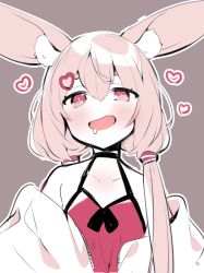 Rule 34 | 1girl, akagashi hagane, animal ear fluff, animal ears, brown background, rabbit ears, camisole, choker, drooling, hair ornament, hairclip, heart, jacket, long hair, low twintails, off shoulder, open mouth, pink hair, red camisole, simple background, smile, solo, tomari mari, tomari mari channel, twintails, upper body, virtual youtuber, white jacket