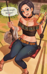 Rule 34 | 1girl, absurdres, bag, barbell piercing, bare shoulders, beer can, black choker, black hair, blue eyes, blue pants, borrowed character, breasts, can, capri pants, choker, commission, cropped shirt, cross, cross earrings, cross necklace, denim, drink can, earrings, english text, fingernails, full body, green nails, highres, holding, holding can, inverted cross, jeans, jewelry, knees together feet apart, looking at viewer, matheu gafanhot, midriff, nail polish, narrow waist, necklace, no bra, off-shoulder shirt, off shoulder, original, pants, petite, piercing, pigeon-toed, product placement, sandals, shirt, shopping bag, short hair, small breasts, sol (rollingroly), solo, speech bubble, suntory, swing set, toes