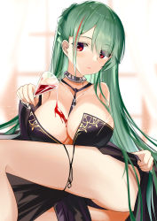 Rule 34 | 1girl, absurdres, alcohol, azur lane, bare shoulders, blush, breasts, cleavage, closed mouth, cup, dress, drinking glass, green hair, highres, large breasts, littorio (azur lane), littorio (calabria aurea) (azur lane), long dress, long hair, looking at viewer, purple dress, red eyes, sitting, smile, solo, u4a, very long hair, window, wine, wine glass
