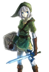Rule 34 | 1girl, belt, blue eyes, boots, brown gloves, cosplay, cowboy shot, gloves, hat, highres, holding, holding sword, holding weapon, konpaku youmu, link, link (cosplay), long sleeves, master sword, matsuharu (lip-mil), nintendo, pointy ears, sheath, shield, short hair, silver hair, simple background, sketch, solo, standing, sword, the legend of zelda, touhou, tunic, unsheathed, weapon, white background