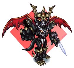 Rule 34 | claws, digimon, dragon, energy sword, highres, imperialdramon, imperialdramon fighter mode (black), red eyes, sword, weapon, wings