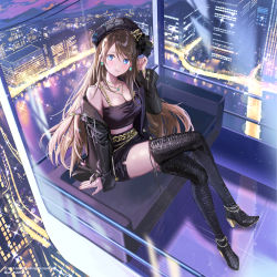 Rule 34 | 1girl, belt, black shorts, blue eyes, blurry, bokeh, boots, bracelet, breasts, brown hair, building, chain, character request, city, cleavage, commentary request, crop top, crossed legs, depth of field, earrings, hair between eyes, haruri, hat, high heel boots, high heels, highres, jacket, jewelry, large breasts, leather, leather jacket, lens flare, long hair, looking at viewer, midriff, official art, pendant, purple sky, short shorts, shorts, sitting, sky, solo, sparkle, swept bangs, thigh boots, thighhighs, thighs