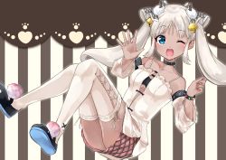 Rule 34 | 1girl, bell, black footwear, blue eyes, blush, bow, breasts, collar, collarbone, commentary, dark-skinned female, dark skin, detached sleeves, hair bell, hair bow, hair ornament, highres, horns, long hair, looking at viewer, mary janes, medium breasts, miniskirt, nijisanji, one eye closed, open mouth, pink skirt, pom pom (clothes), shirt, shoes, skirt, smile, solo, striped, striped background, thighhighs, thighs, todoroki kyouko, todoroki kyouko (1st costume), twintails, underboob, virtual youtuber, white hair, white shirt, yacchomo89