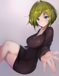 Rule 34 | 1girl, :3, bad id, bad pixiv id, black dress, blonde hair, blue eyes, blush, breasts, closed mouth, crossed legs, dress, from side, gradient background, large breasts, long sleeves, looking at viewer, open \m/, original, palms, ribbed dress, rorona s., short dress, short hair, sitting, solo