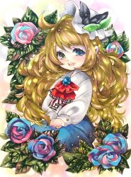 Rule 34 | 1girl, ahoge, ascot, black bow, blonde hair, blue eyes, blue flower, blue gemstone, blue rose, blue skirt, blush, bow, brooch, child, female focus, flat chest, flower, gem, green bow, green eyes, happy, hat, hat bow, heterochromia, jewelry, leaf, long hair, long sleeves, looking at viewer, mob cap, mofu (moffuri sippo), open mouth, original, own hands together, pink flower, pink rose, red ascot, rose, shirt, sidelocks, sitting, skirt, smile, solo, teeth, traditional media, wavy hair, white hat, white shirt